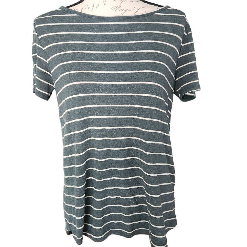 Pink Clover Women's Size Small Green White Striped Button Back Short Sleeve Top